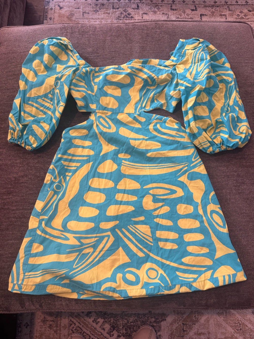 Alexis Teal and Yellow Abstract Print Puff-Sleeve Mini Dress